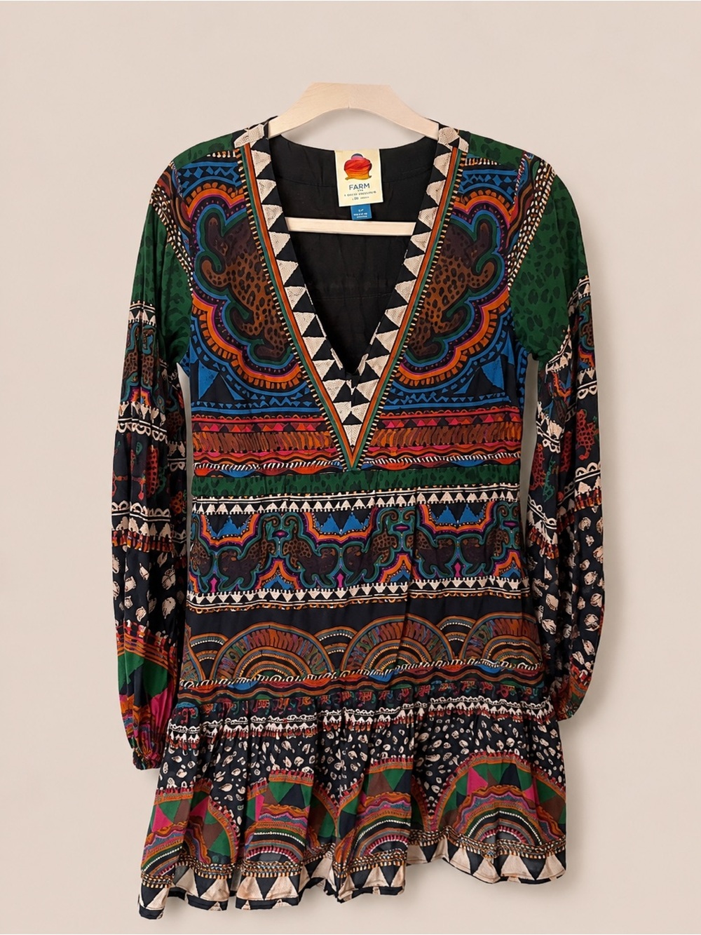 Farm Rio for Anthropologie Mixed Print Boho Mini Dress XS Long Sleeve